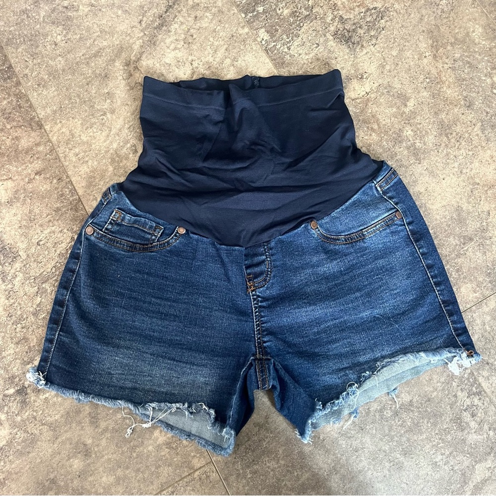 Haute Mama Maternity Shorts Medium| Full Tummy Panel | Raw Edge | Blue